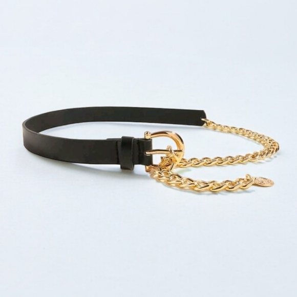 Womens edgy black Faux leather Y2K metal gold chain waist punk rock dress belt - Picture 4 of 17